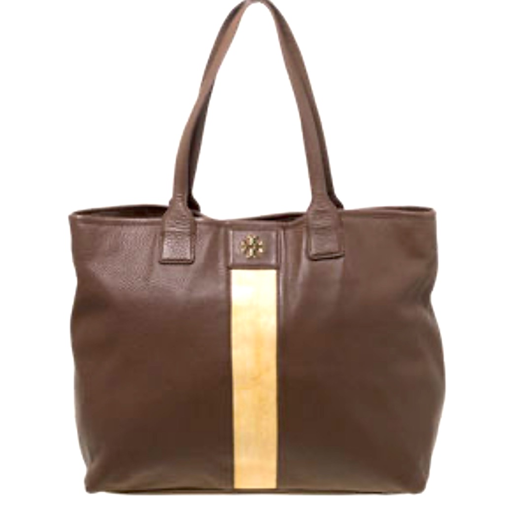 Tory Burch Large Leather Emerson Rare Tote In Light Brown With A Beige Tripe .